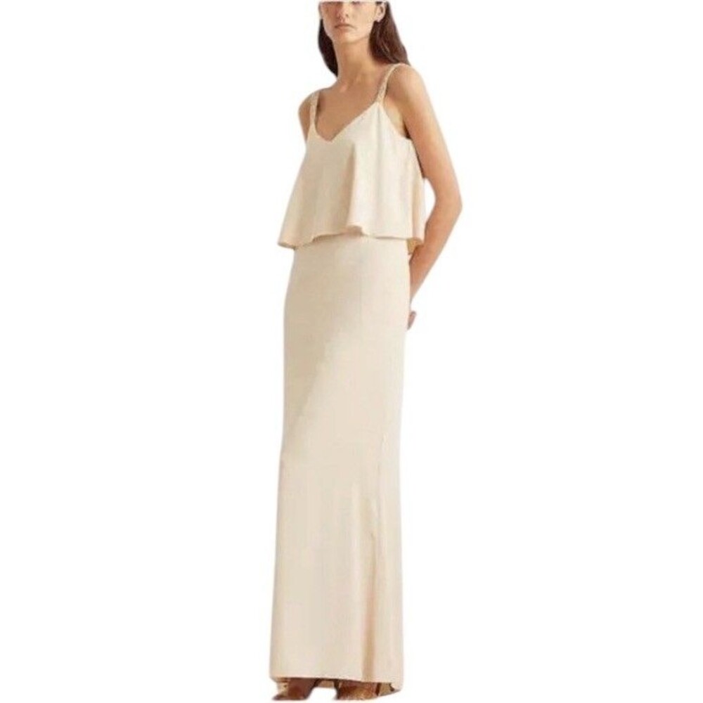 Lauren Ralph Lauren Georgette Column Gown Beaded Straps In Pearlescent Size 10